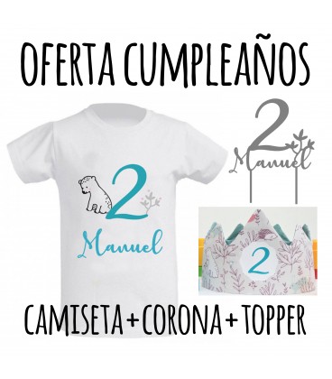 Pack oferta cumpleaños corona + camiseta + topper ballena
